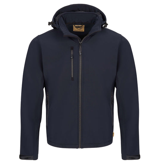 Orn Workwear Gannet EarthPro Hooded Softshell in Navy with full zip fasten and right chest pocket.