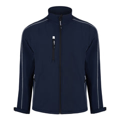Orn Workwear ORN Crane Softshell in navy with zip fasten, a right chest pocket, two front pockets and grey stitching for contrast.
