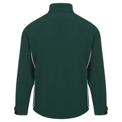 Back of Orn Workwear ORN Silverswift Softshell in bottle green with black panels and white piping on sides.