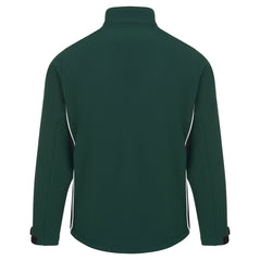 Back of Orn Workwear ORN Silverswift Softshell in bottle green with black panels and white piping on sides.