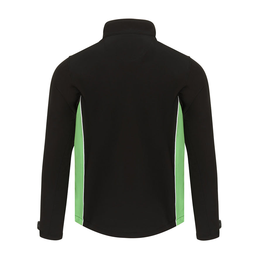 Back of Orn Workwear ORN Silverswift Softshell in black with lime green panels and white piping on sides.
