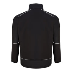 Back of Orn Workwear ORN Fireback Softshell in black with reflective piping on shoulders, arms and bottoms.
