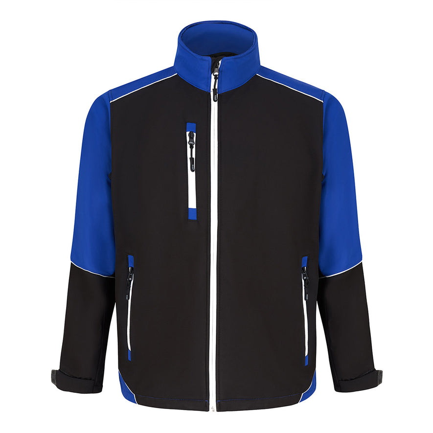 Orn Workwear ORN Fireback Softshell in black with royal blue panels on shoulders, arms and collar and with reflective zip fasten, reflective zip pockets on chest and front and reflective piping on shoulders, arms and sides.