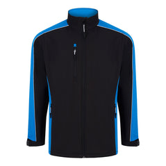Orn Workwear ORN Avocet Softshell in black with reflex blue panels on shoulders, arms, sides and inside of collar and with black zip fasten, black zip pockets on chest and front and white piping on shoulders and arms.