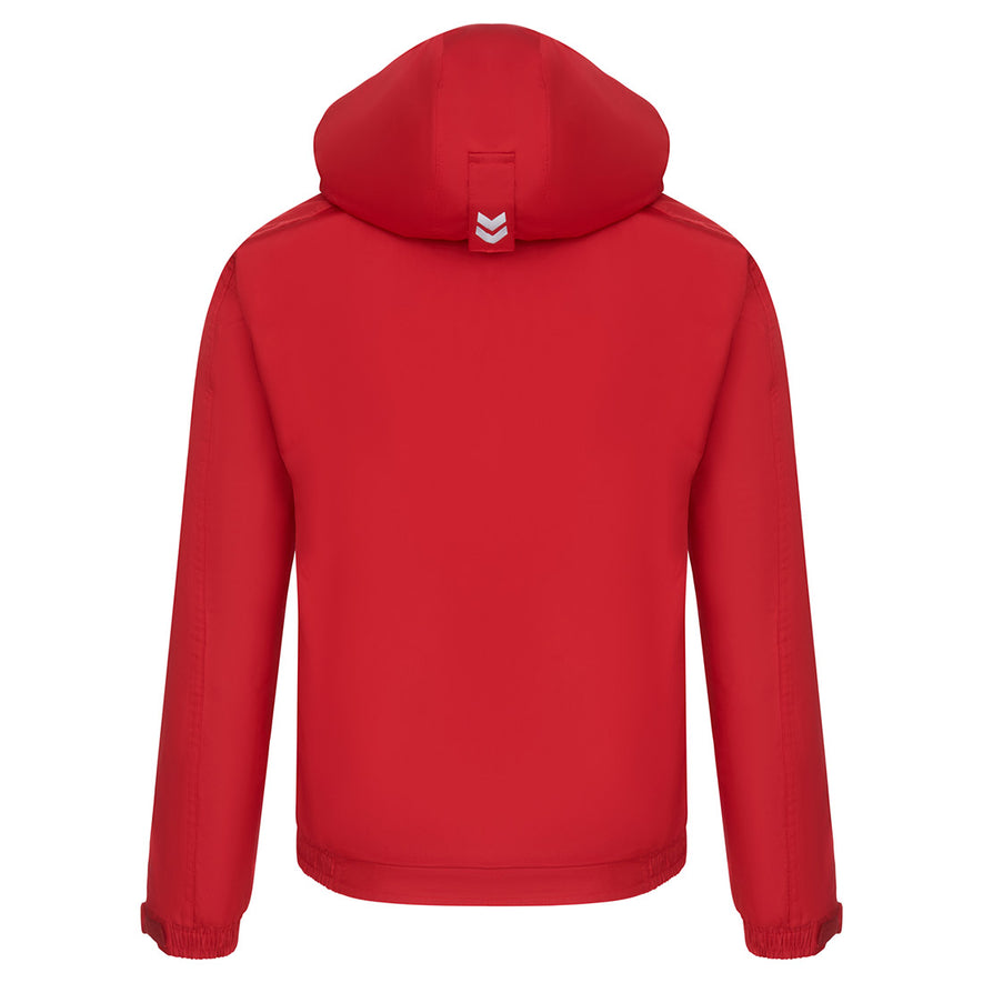 Back of Orn Workwear ORN Fulmar Bomber Jacket in red with hood, white arrows on back of hood and elasticated wrists.