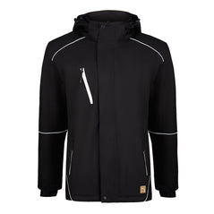Orn Workwear ORN Fireback EarthPro Jacket in black with hood, reflective zip fasten, reflective zip pockets on chest and front and reflective piping on shoulders, arms and sides.