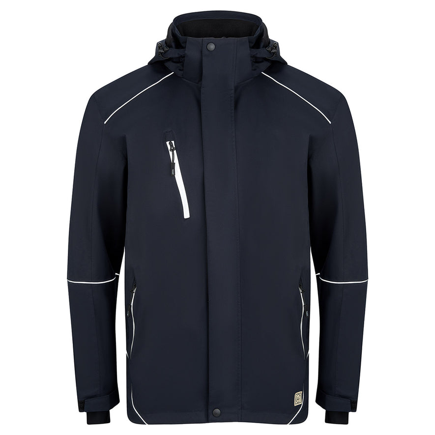 Orn Workwear ORN Fireback EarthPro Jacket in navy with hood, reflective zip fasten, reflective zip pockets on chest and front and reflective piping on shoulders, arms and sides.