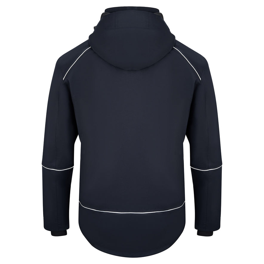 Back of Orn Workwear ORN Fireback EarthPro Jacket in navy with hood and reflective piping on shoulders, arms and sides.