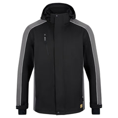 Orn Workwear ORN Avocet EarthPro Jacket in black with graphite panels on shoulders, arms, sides and inside of collar and with black flap over zip fastening, black zip pockets on chest and front and white piping on shoulders and arms.