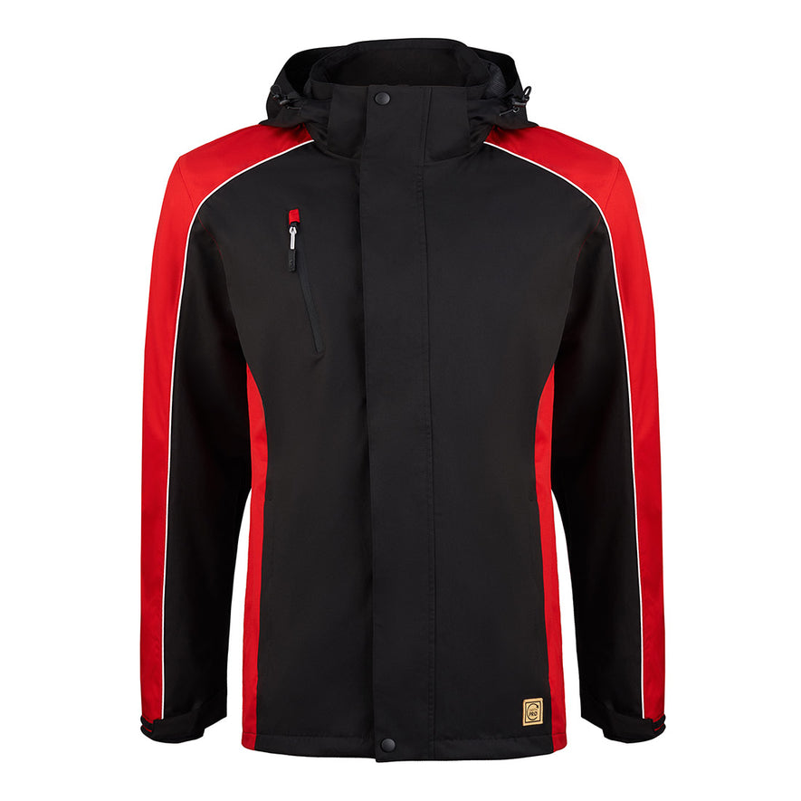 Orn Workwear ORN Avocet EarthPro Jacket in black with red panels on shoulders, arms, sides and inside of collar and with black flap over zip fastening, black zip pockets on chest and front and white piping on shoulders and arms.
