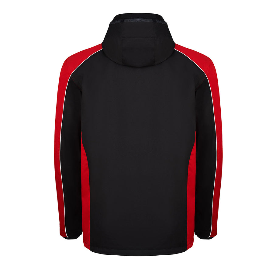 Back of Orn Workwear ORN Avocet EarthPro Jacket in black with red panels on shoulders, arms and sides and with white piping on shoulders and arms.