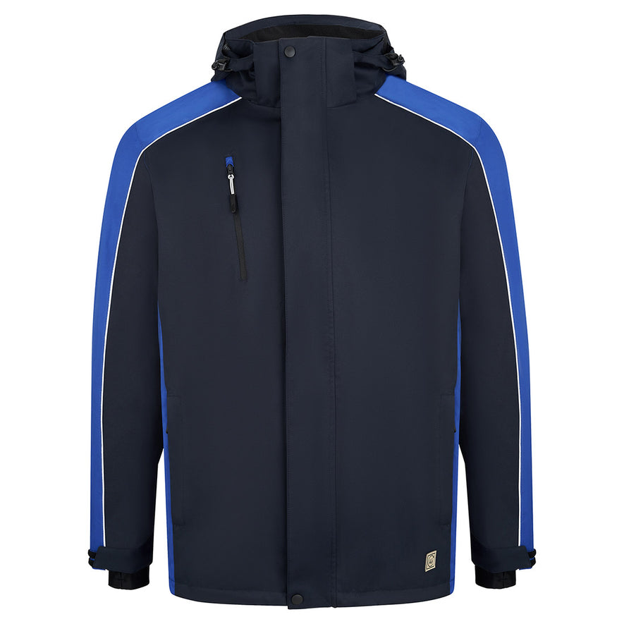 Orn Workwear ORN Avocet EarthPro Jacket in navy with royal blue panels on shoulders, arms, sides and inside of collar and with navy flap over zip fastening, black zip pockets on chest and front and white piping on shoulders and arms.