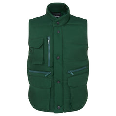 Orn Workwear ORN Eider Bodywarmer in bottle green with bottle green flap over zip fastening with black poppers, bottle green zip pockets on chest and front with patch pockets with flaps on chest and front.