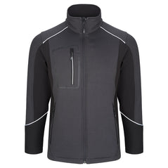 Orn Workwear ORN Shearwater Softshell with black hexagonal material on shoulders, arms, front and outside of collar and black wrists, under arms and sides, and with black zip fasten, reflective zip on right chest, black zip pockets on front and reflective piping on shoulders and arms.