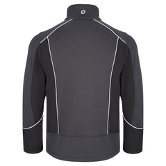 Back of Orn Workwear ORN Shearwater Softshell with black hexagonal material on shoulders, arms, back and outside of collar and black wrists, under arms and sides, and with reflective piping on back, shoulders and arms.