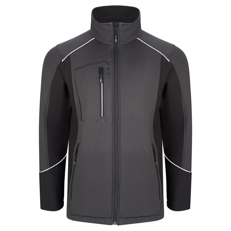 Orn Workwear ORN Shearwater Softshell with black hexagonal material on shoulders, arms, front and outside of collar and black wrists, under arms and sides, and with black zip fasten, reflective zip on right chest, black zip pockets on front and reflective piping on shoulders and arms.