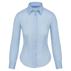 Orn Workwear ORN Essential Long Sleeve Blouse in sky blue with sky blue buttons and collar.