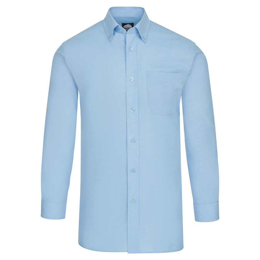 Orn Workwear ORN Classic Oxford Long Sleeve Shirt in sky blue with sky blue buttons, pocket on left chest and collar with sky blue buttons.