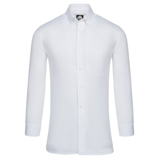 Orn Workwear ORN Classic Oxford Long Sleeve Shirt in white with white buttons, pocket on left chest and collar with white buttons.