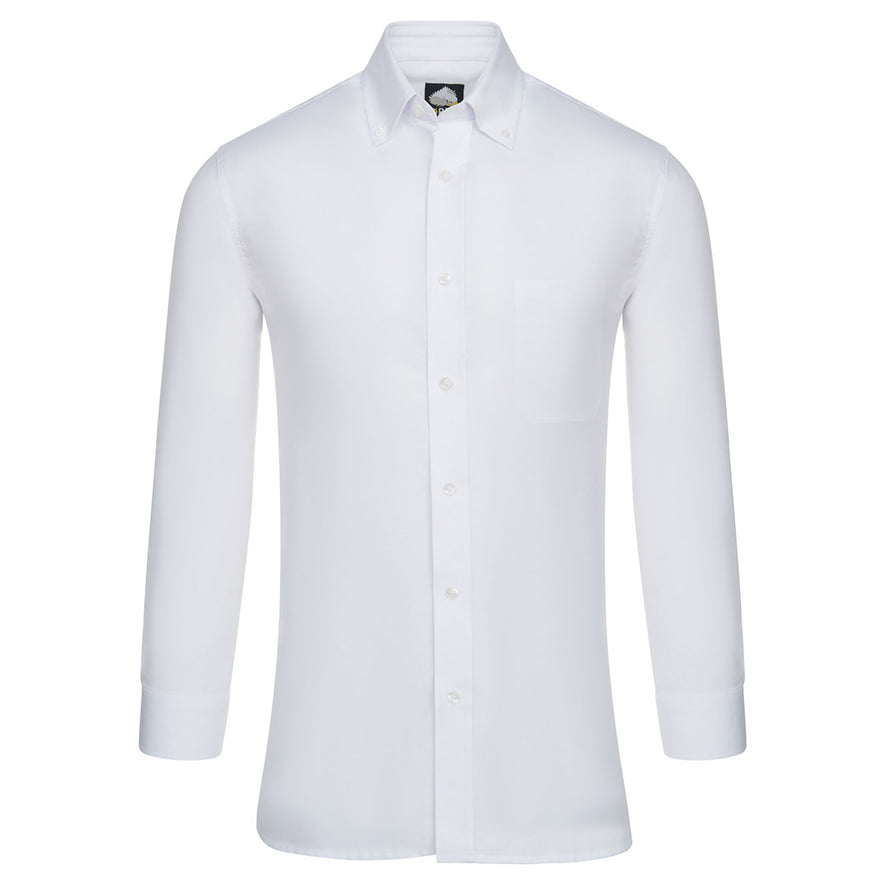 Orn Workwear ORN Classic Oxford Long Sleeve Shirt in white with white buttons, pocket on left chest and collar with white buttons.