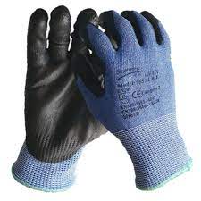 Blue and Black Cut level E glove. The glove has a blue liner and green cuff. The gloves are cut level E. The gloves are optimised for the engineering industry.