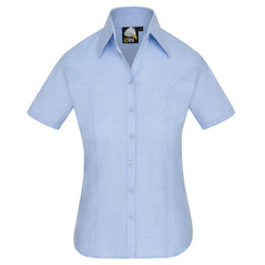 Orn Workwear ORN Classic Oxford Short Sleeve Blouse in sky blue with sky blue buttons and collar.