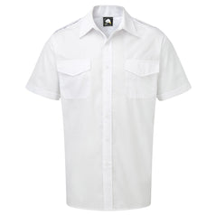 Orn Workwear ORN Premium Short Sleeve Pilot Shirt in white with white buttons, pockets on left and right chest, epaulettes and collar.