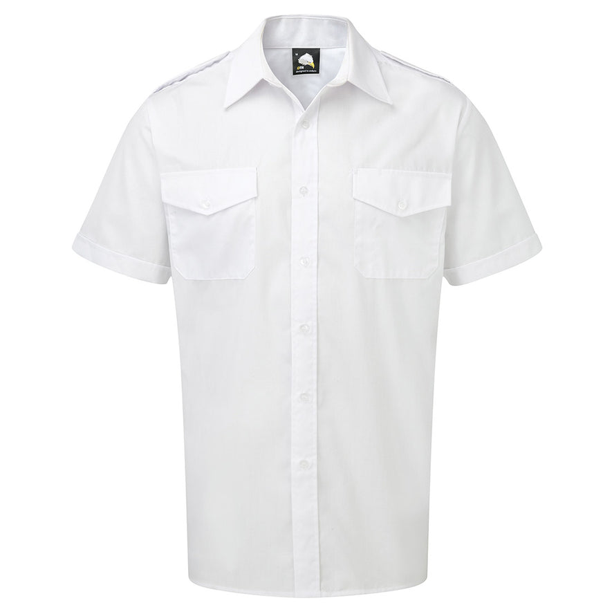 Orn Workwear ORN Premium Short Sleeve Pilot Shirt in white with white buttons, pockets on left and right chest, epaulettes and collar.