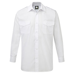 Orn Workwear ORN Premium Long Sleeve Pilot Shirt in white with white buttons, pockets on left and right chest, epaulettes and collar.