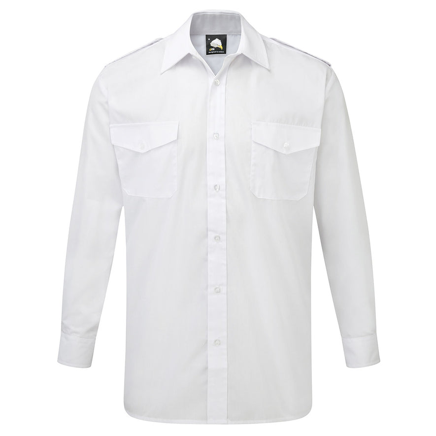 Orn Workwear ORN Premium Long Sleeve Pilot Shirt in white with white buttons, pockets on left and right chest, epaulettes and collar.