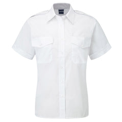 Orn Workwear ORN Premium Short Sleeve Pilot Blouse in white with white buttons, pockets on left and right chest, epaulettes and collar.