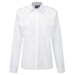 Orn Workwear ORN Premium Long Sleeve Pilot Blouse in white with white buttons, pockets on left and right chest, epaulettes and collar.