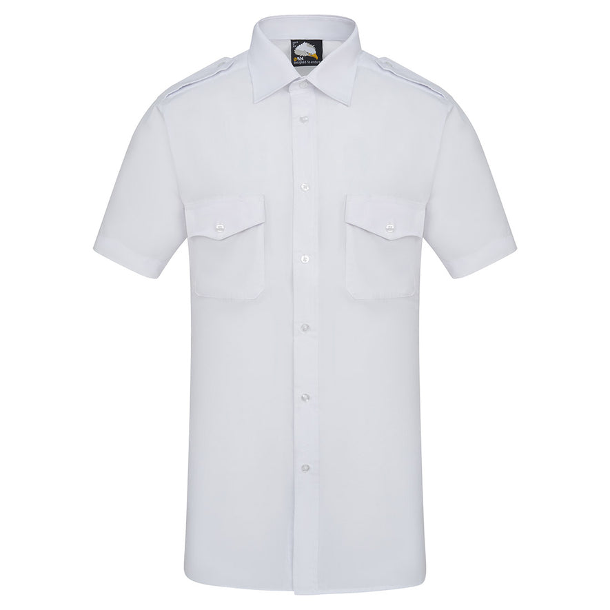Orn Workwear ORN Essential Short Sleeve Pilot Shirt in white with white buttons, pockets on left and right chest, epaulettes and collar.