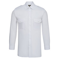 Orn Workwear ORN Essential Long Sleeve Pilot Shirt in white with white buttons, pockets on left and right chest, epaulettes and collar.
