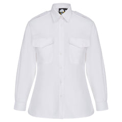 Orn Workwear ORN Essential Long Sleeve Pilot Blouse in white with white buttons, pockets on left and right chest, epaulettes and collar.