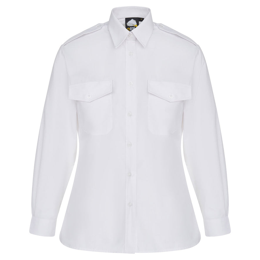 Orn Workwear ORN Essential Long Sleeve Pilot Blouse in white with white buttons, pockets on left and right chest, epaulettes and collar.