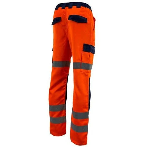 Kapton HV-516 poly cotton cargo trousers in orange and navy contrast. trousers have cargo pockets and kneepad pockets as well as back pockets.