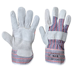 Grey and purple rigger gloves with red stripes.