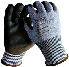 Blue and Black Cut level F glove. The glove has a blue liner and brown cuff. The gloves are cut level F. The gloves are optimised for the engineering industry.