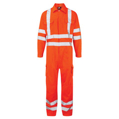 Orn Workwear ORN Hi-Vis Shrike Coverall in orange with reflective tape on shoulders, chest, arms amd legs and pockets on left and right of chest and legs, collar with popper.