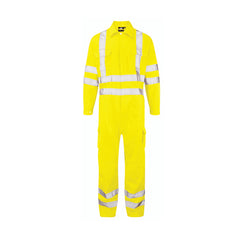 Orn Workwear ORN Hi-Vis Shrike Coverall in yellow with reflective tape on shoulders, chest, arms amd legs and pockets on left and right of chest and legs, collar with popper.
