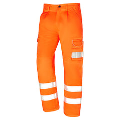 Orn Workwear Hi-Vis Condor Combat Trouser in orange with button fasten, belt loops, cargo style pockets and hi vis bands aroud the pockets and ankle.