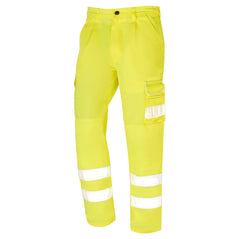 Orn Workwear Hi-Vis Condor Combat Trouser in yellow with button fasten, belt loops, cargo style pockets and hi vis bands aroud the pockets and ankle.