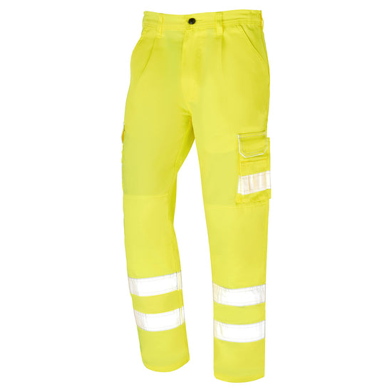 Orn Workwear Hi-Vis Condor Combat Trouser in yellow with button fasten, belt loops, cargo style pockets and hi vis bands aroud the pockets and ankle.