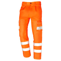 Orn Workwear Hi-Vis Vulture Ballistic Trouser in orange with button fasten, belt loops, cargo style pockets and hi vis bands aroud the pockets and ankle.