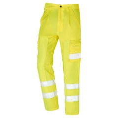 Orn Workwear Hi-Vis Vulture Ballistic Trouser in yellow with button fasten, belt loops, cargo style pockets and hi vis bands aroud the pockets and ankle.