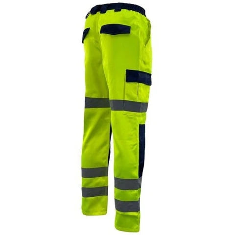 Kapton HV-516 poly cotton cargo trousers in yellow and navy contrast. trousers have cargo pockets and kneepad pockets as well as back pockets.