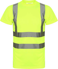 Yellow Hi vis crew neck t-shirt. T-Shirts have two hi vis waist bands and hi vis shoulder bands.