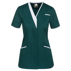 Orn Workwear Tonia V-Neck Tunic in bottle green with pockets on the tunic lower and left chest with white contrast around the pockets and middle of the tunic.