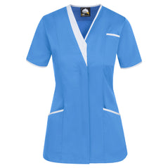 Orn Workwear Tonia V-Neck Tunic in hospital blue with pockets on the tunic lower and left chest with white contrast around the pockets and middle of the tunic.